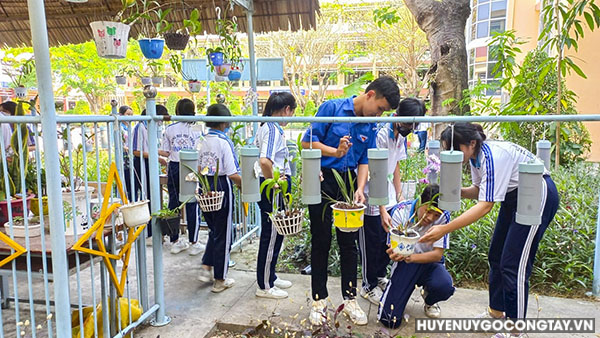 Học sinh trường THPT Vĩnh Bình chăm sóc cây cảnh trong khuôn viên trường