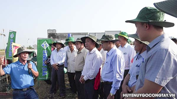 Các đại biểu tham quan trình diễn thực hành áp dụng cơ giới hóa gieo sạ bón phân bằng máy trong đề án 1 triệu hecta lúa chất lượng cao tại cánh đồng xã Bình Tân, huyện Gò Công Tây.